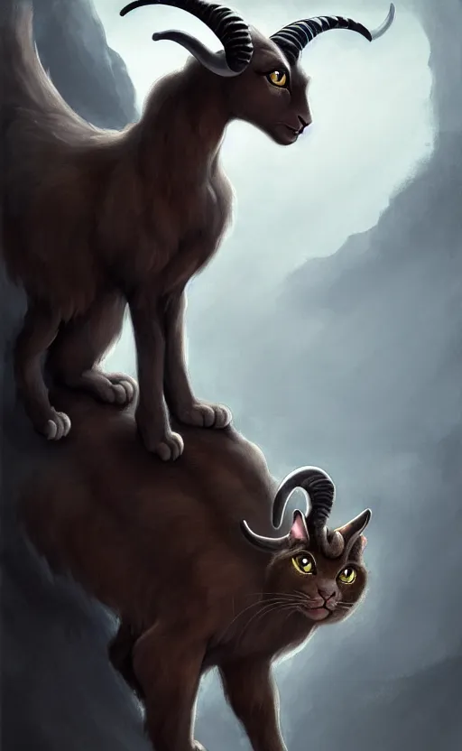 Image similar to a bipedal cat that has 2 goat horns, anthropomorphic cat that is wearing robes, matte oil painting, by michelangelo, d & d, fantasy, concept art, cosmic, magical, fog, noble, full body portrait, intricate, ornate, extremely detailed, cult, ritual, sharp focus, 4 k, 8 k