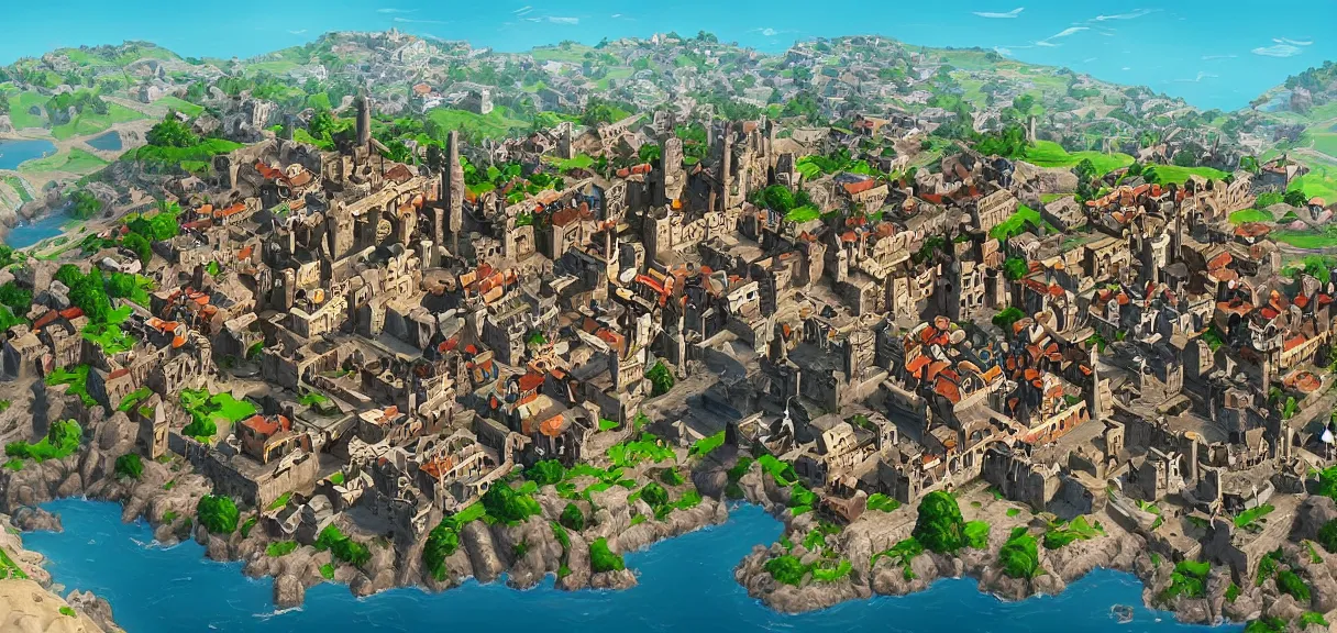 Prompt: “ the city of king's landing from game of thrones, but in the style of fortnite, digital art, award winning ”