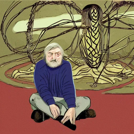 Prompt: robert wyatt sitting alongside giant spiders, illustration by robert wyatt