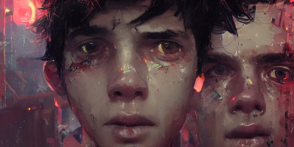 Prompt: extreme closeup on the beautiful eyes of a neon guard boy with short dark hair in front of a crowd with piles of garbage by Ismail inceoglu dragan bibin hans thoma, Perfect face, fine details, realistic shaded, fine-face, pretty face