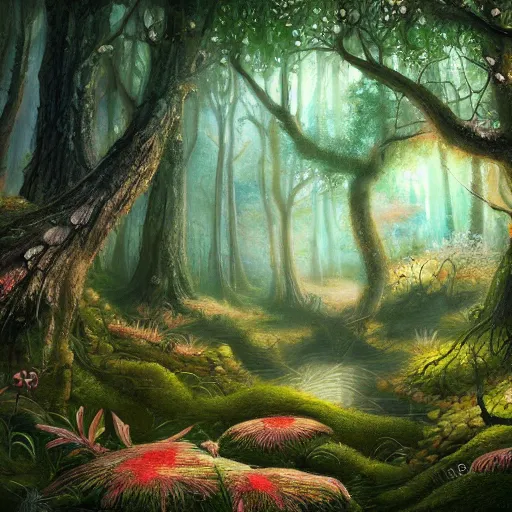 Prompt: A beautiful painting of a fantasy forest, digital art, lots of detail, 4k, ultra HD