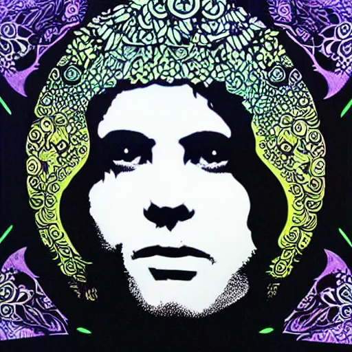 Image similar to portrait of jim morrison psychedelic blacklight art, intricate mandala, mushrooms, trees, by shepard fairey