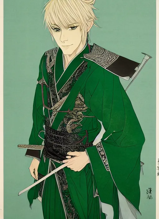 Image similar to half body portrait of a handsome blonde elf male diplomat in green and sliver tunic. detailed, wearing kimono armour, by conrad roset, takato yomamoto, jesper ejsing, masamune shiro