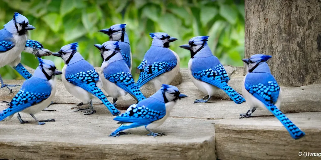 Image similar to a group of blue jay birds having a tea party.