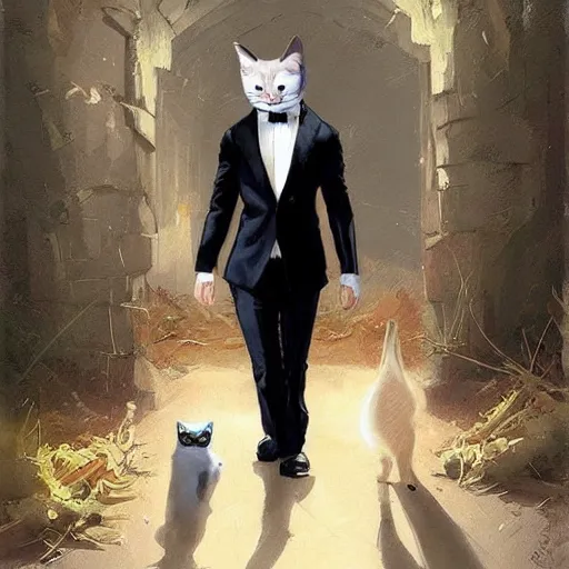 Image similar to cute kittycat man man wearing a cat costume wearing a tuxedo ripped physique greg rutkowski portrait