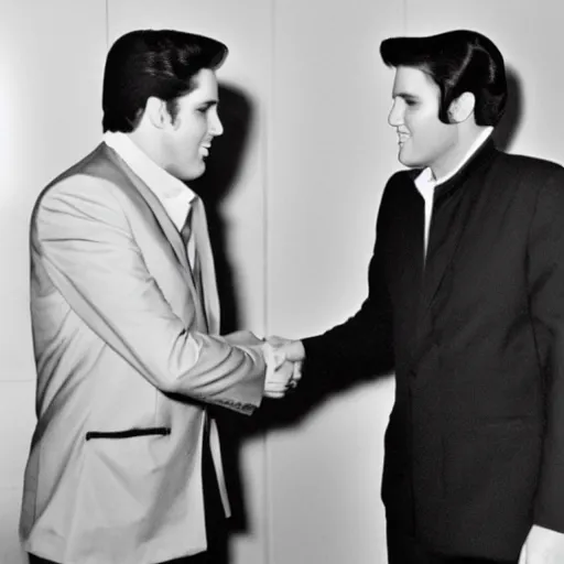 Prompt: a photo of Elvis presley shaking hands with an android, old black and white photo, taken in the 1960's