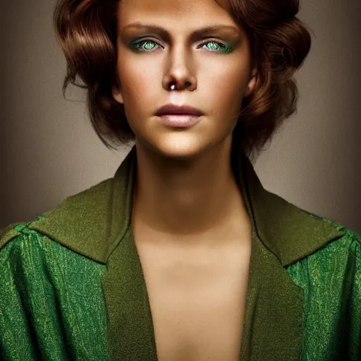 Prompt: photograph of a cute woman with bronze brown hair and vivid green eyes, light makeup, golden hour, 8k, photographed by Erwin olaf