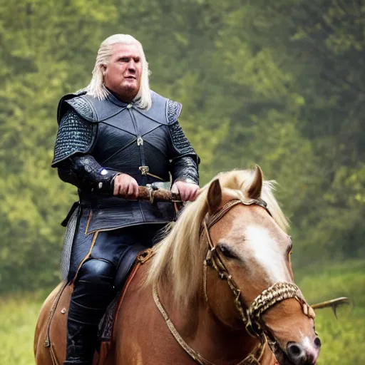 Prompt: fat version of donald trump riding a horse as geralt of rivia from the witcher movie, dramatic film still, details, sigma 7 5 mm, 4 k