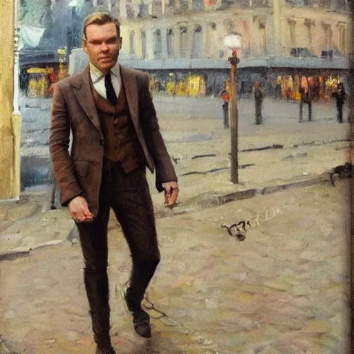 Image similar to we see ewan mcgregor from side. he is dressed as a gentleman at early 2 0 th century paris. atmospheric feeling, warm colours, brown colours, yellow colours, epic scene, cinematic, very detailed, oil painting