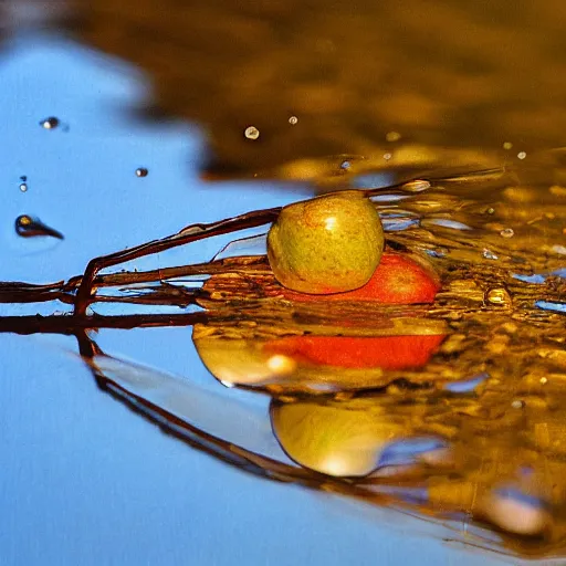 Image similar to apple seed sits in a water spill on the soil ground, reflections of apple trees, sunset light, in the style of van goch