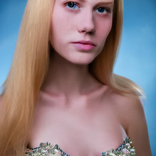 Image similar to close up headshot of a princess with long blonde hair and light blue eyes wearing a strapless elaborately beaded pink dress, high resolution film still, 8k, HDR color, film by Simon Langton and David Frankel, triangular face, slight freckles, round narrow chin, straight jawline, natural lips, high cheekbones, beautiful gazing eyes