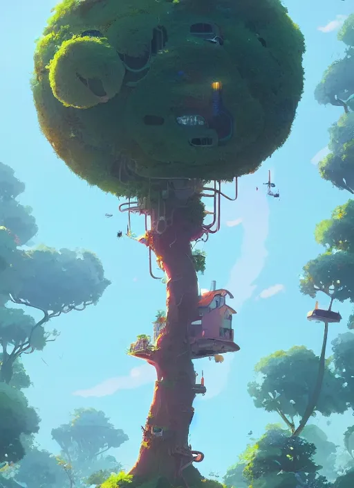 Prompt: a cute house in a giant tree, nuclear powered, detailed, futuristic, cory loftis, james gilleard, atey ghailan, makoto shinkai, goro fujita, studio ghibli, rim light, exquisite lighting, clear focus, very coherent, plain background