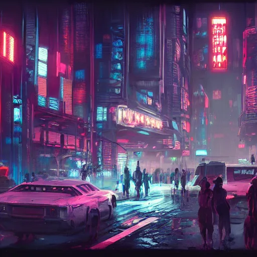 Prompt: concept art environment design of dystopian cyberpunk city with neon lights, people on the streets being monitored by drones, trending on artstation, painted by dreadjim, eddie mendoza, wlop