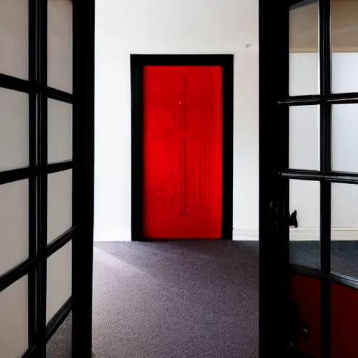 Prompt: an all black room with a glowing red door on the far side, surreal,