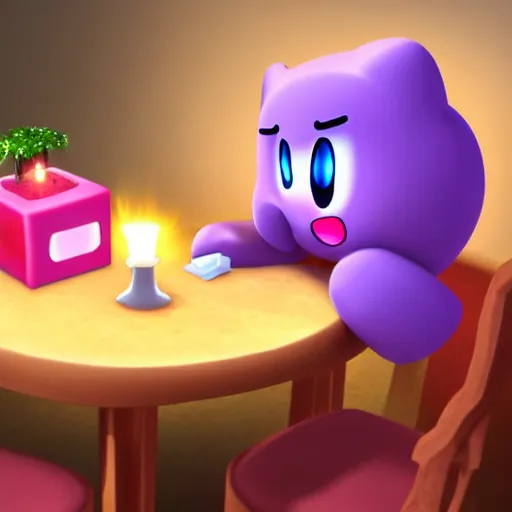 Image similar to kirby at dinner table with companion cube from portal, romantic, candlelight, realistic, source engine