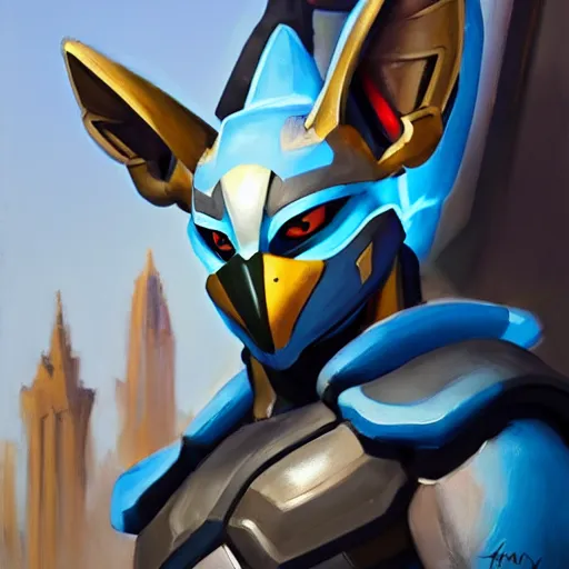 Image similar to greg manchess portrait painting of partially armored lucario as overwatch character, medium shot, asymmetrical, profile picture, organic painting, sunny day, matte painting, bold shapes, hard edges, street art, trending on artstation, by huang guangjian, gil elvgren, ruan jia, greg rutkowski, gaston bussiere