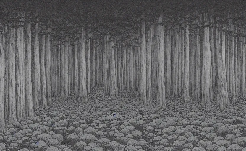 Prompt: giant forest with single shady cabin, made by Kawase Hasui in unkiyo-e style in dark and disturbing atmosphere with vibes of Joe Fenton, H. R. Giger, M. C. Escher, Z. Beksinski