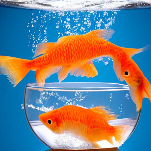 Prompt: stock photo of goldfish jumping to freedom out if fish bowl to another aquarium with clear water against blue background