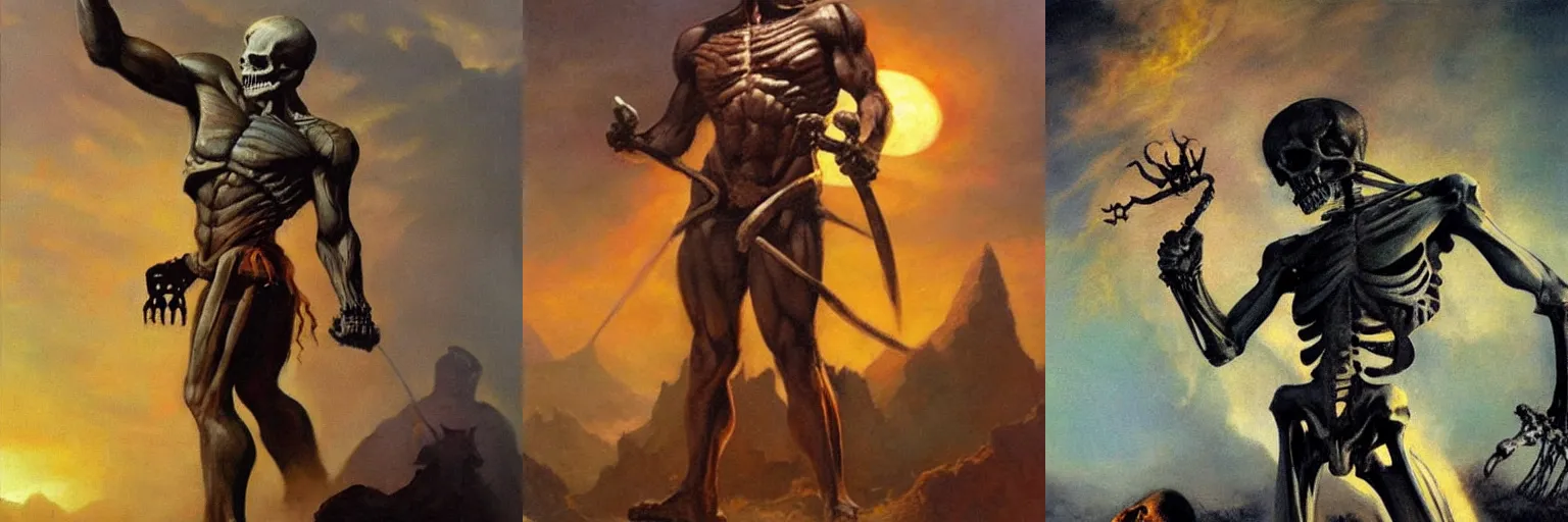 Prompt: hyperrealistic frazetta oil painting of thorgal holding skeleton ,sunset backlight