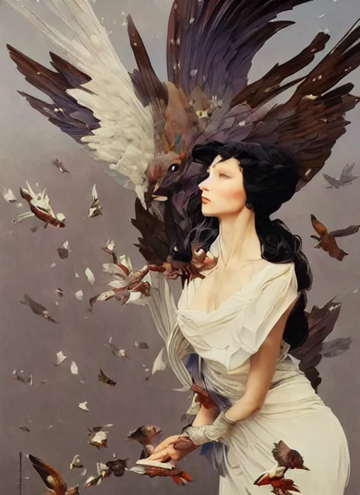 Prompt: portrait of snow white, birds, white spike aura in motion, floating pieces, painted art by tsuyoshi nagano, greg rutkowski, artgerm, alphonse mucha, spike painting