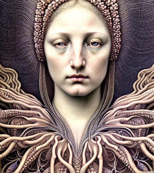 Image similar to detailed realistic beautiful tulip goddess face portrait by jean delville, gustave dore, iris van herpen and marco mazzoni, art forms of nature by ernst haeckel, art nouveau, symbolist, visionary, gothic, neo - gothic, pre - raphaelite, fractal lace, intricate alien botanicals, ai biodiversity, surreality, hyperdetailed ultrasharp octane render
