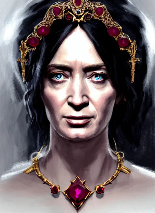 Prompt: portrait of emily blunt as witch queen, jewelry, greek, ruby, victorian age, 1 8 9 0, intricate, headshot, key visual, conceptart, ambient lighting, highly detailed, digital painting, artstation, concept art, sharp focus, by makoto shinkai and akihiko yoshida and greg manchess