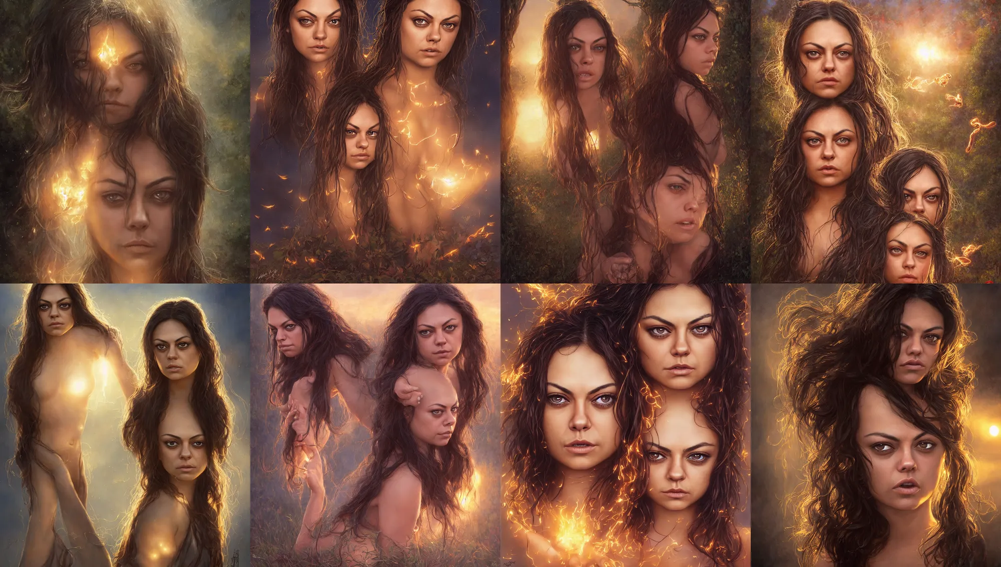 Image similar to big - eyed surprised mila kunis staring intensely into the camera, sundown golden hour firefly wisps, steve hanks, charlie bowater, mark brooks, steve henderson, justin gerard, mark keathley, victor nizovtsev, tom bagshaw, krenz cushart, ross tran, focal length : 2 0 0. 0 mm