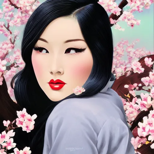Prompt: pin - up portrait of a beautiful young chinese woman, pretty long hair, cherry blossoms, intense flirting, showing curves, symmetrical face, digital art, smooth, extremely detailed, model pose, intense look, dream, gorgeous young model, traditional beauty, pretty, by wu bayard, by gil elvgren, by ralph horsley, by hanks steve