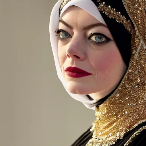 Image similar to A portrait of Emma Stone wearing a Black Arabian abaya , high quality, fully detailed, 4k