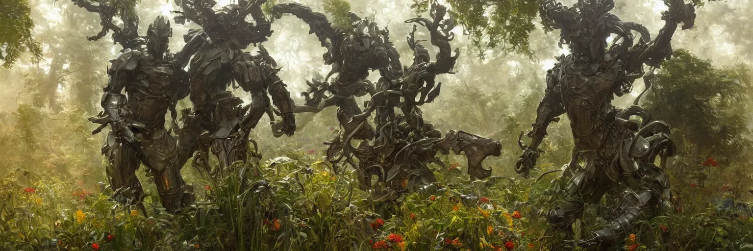 Image similar to an extremely detailed cinematic movie shot of a lush overgrown organic garden with an ornate futuristic suit of armor in the center, mossy ground, golden glow, masterpiece 4k digital illustration by Ruan Jia and Mandy Jurgens and Artgerm and william-adolphe bouguereau, highly detailed, trending on artstation, award winning