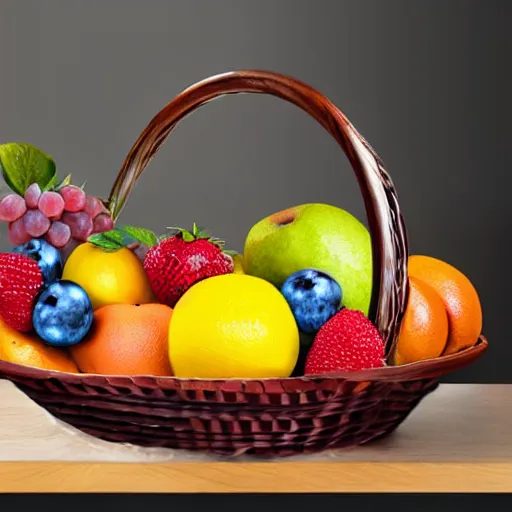 Prompt: a fruit basket on top of a kitchen table, airbrush