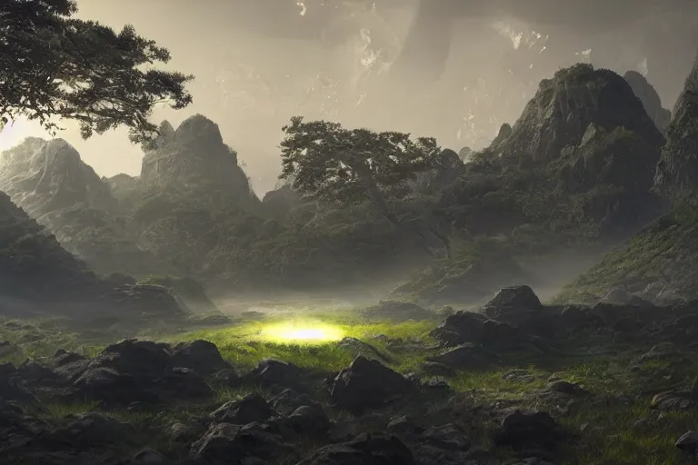 Image similar to Landscape of a beautiful alien world. Cinematic lighting. Photorealism.