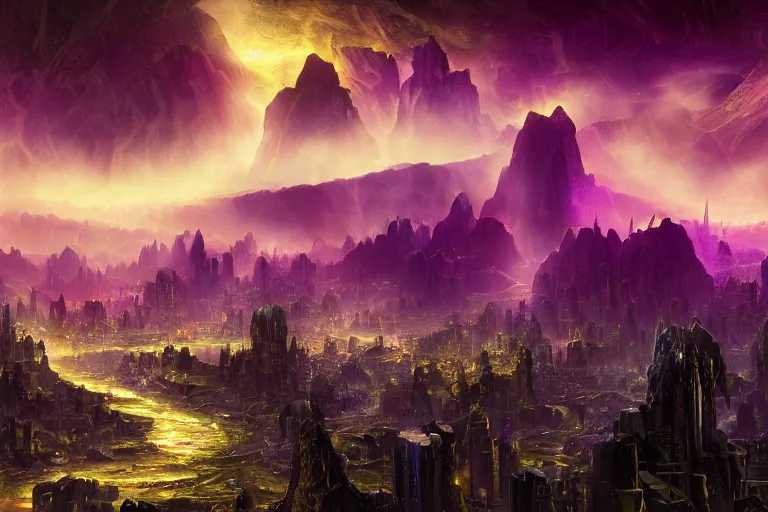 Image similar to An alien city surrounded by black monoliths surging with chaos magic at the bottom of yellow hills with a river running through it, clear purple skies in the background, by Thomas Kincade, Richard Sigamani, 8k photorealistic, cinematic lighting, HD, high details, dramatic, trending on artstation