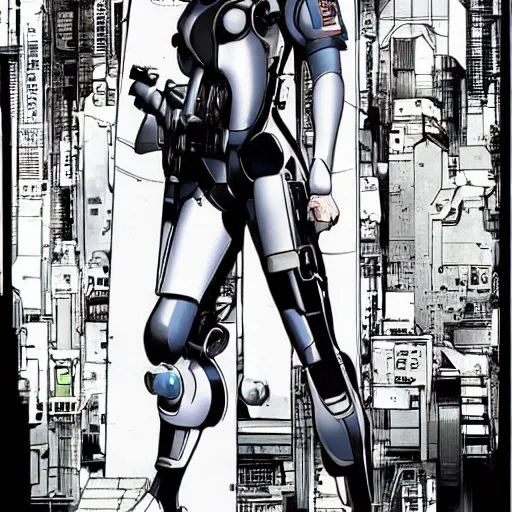 Prompt: major from ghost in the shell by shirow masamune, illustration by shirow masamune and kim jung gi, manga style,