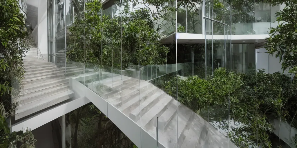 Prompt: A beautiful nature meets architecture building by Bawa, in a tropical forest, volumetric lighting,, luxury, clear glass wall, white concrete, deck, railing, external staircases, terrace, high detail, cinematic, archdaily, high resolution