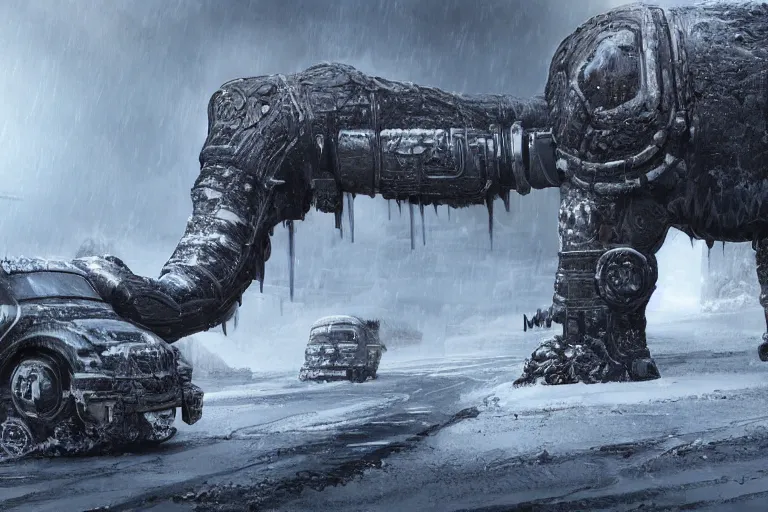 Image similar to an intricate futuristic black steam train and a giant mammoth, post - apocalyptic ice landscape in snowstorm, concept art, artstation, highly detailed, digital art