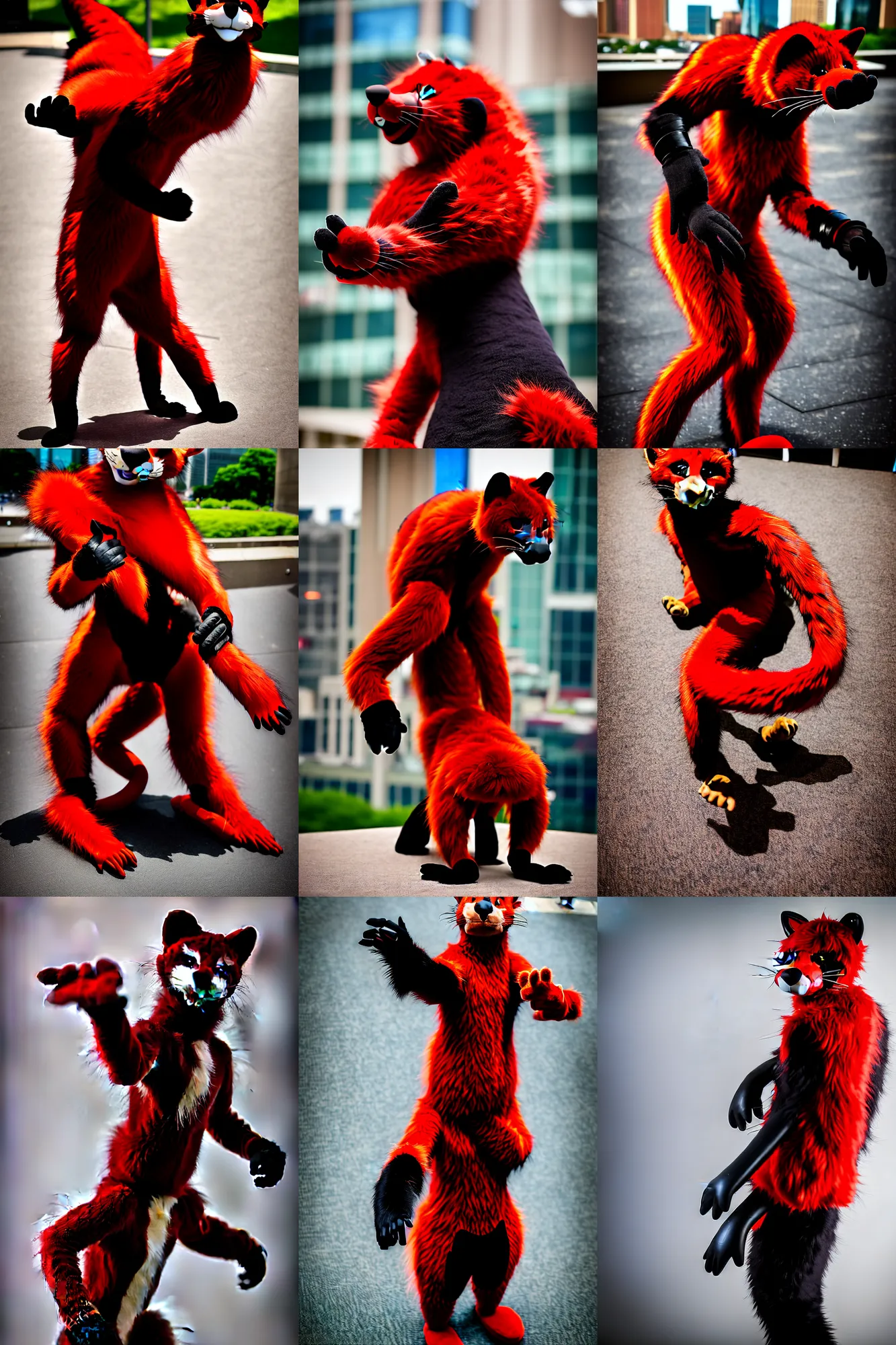 Image similar to fullbody photoshoot photo portrait of a roguish male red - black furred weasel furry fursuiter ( tail attached ), taken at anthrocon ( furry convention )