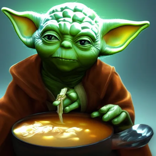 Image similar to Yoda eating soup, hyperdetailed, artstation, cgsociety, 8k