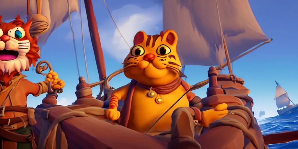 Image similar to selfie of garfield as a sea of thieves character, sea of thieves screenshot, storm, unreal engine, digital art