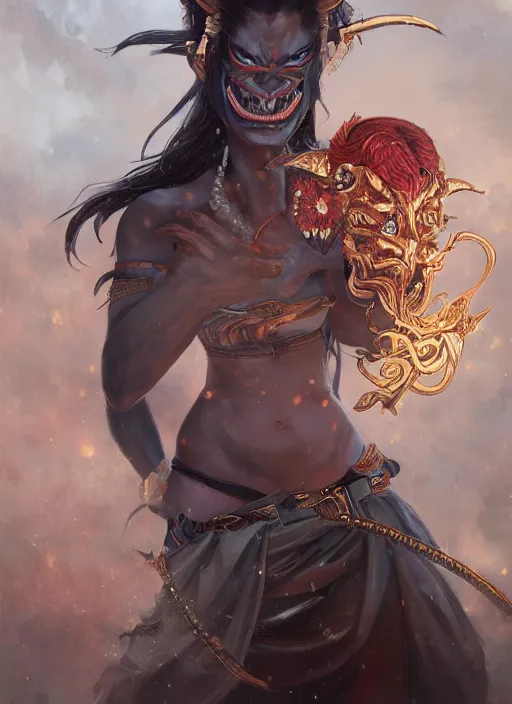 Image similar to a beautiful detailed oil on copper art illustration of a oni hannya mask shogun devil woman, centered, by charlie bowater, zeng fanzh, trending on artstation, dim dusk lighting, cinematic lighting, detailed lighting, volumetric lighting, realistic, f 8, 4 k hd wallpaper