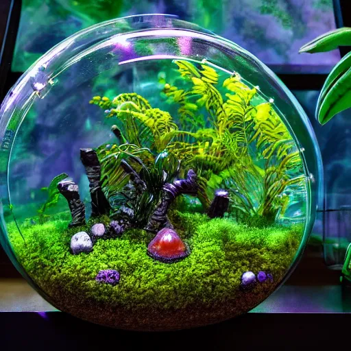 Image similar to alien planet, lush with fluorescent mushrooms encapsulated in a terrarium, high detail, photorealistic