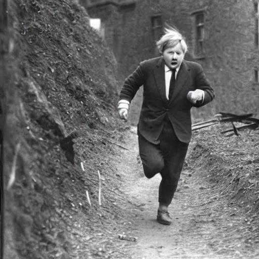 Image similar to Boris Johnson in the trenches, running away and being a coward, vintage 1920s photo