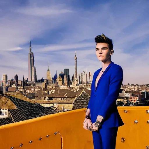 Prompt: photograph of Ruby Rose with spiky red hair and wearing gold contact lenses and dressed in a blue men's suit with a yellow tie, standing on a stone bridge with a city of stone towers in the background