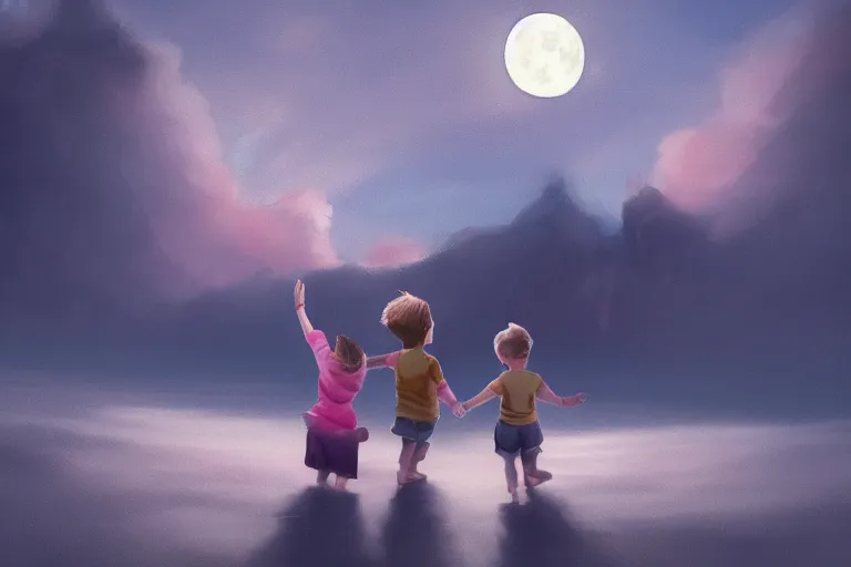 Image similar to a cute little boy and a girl wave their hands, dreamy matte painting, night time, volumetric lighting, smooth, trending on artstation, moonlit backdrop