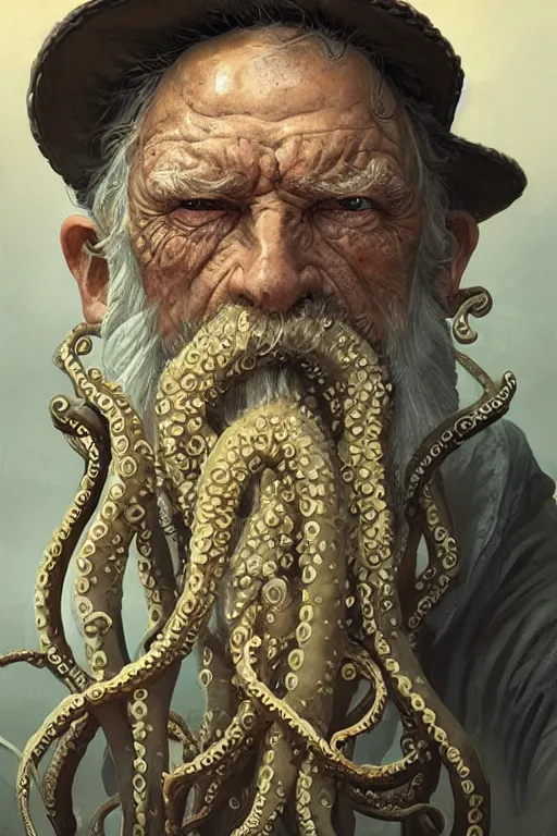 Image similar to portrait of an old fisherman with tentacles growing on him, eldritch, d & d, face, fantasy, intricate, elegant, highly detailed, digital painting, artstation, concept art, smooth, sharp focus, illustration, art by greg rutkowski