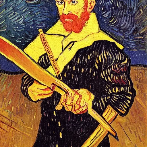 Image similar to fry with a sword, painting, artwork by van gogh