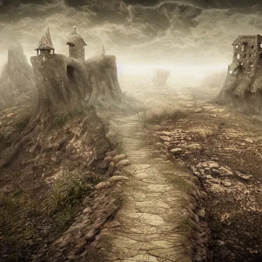 Prompt: a long winding pathway with no terrain on either side, cliffs with no bottom, creepy, gloomy, nightmare, dark rocks, dusty, sepia tones, with a mysterious dark castle at the of the path, digital art, 8 k, concept art, trending on artstation