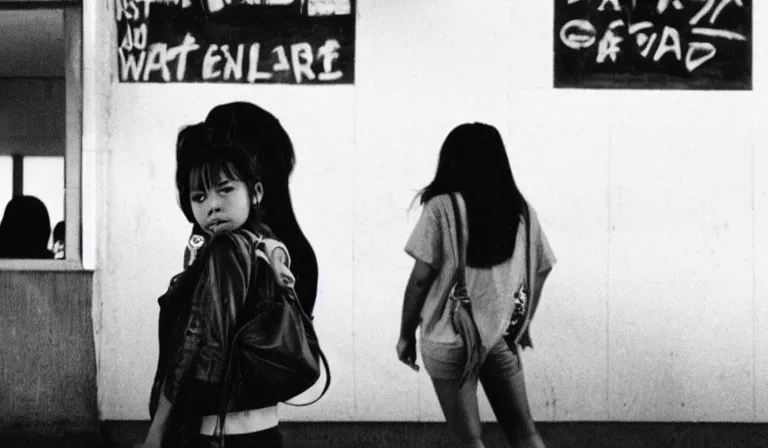 Prompt: A Filipino girl waits for a bus, 35mm film, by Gregg Araki