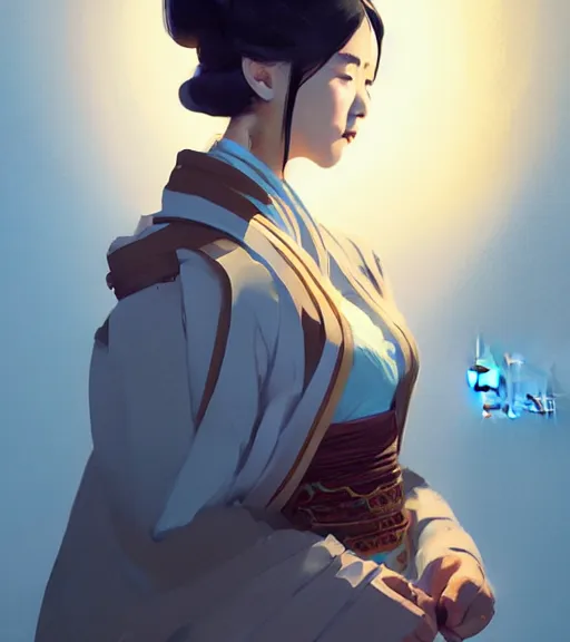 Image similar to portrait of a female immortal in amazing chinese dress 汉 服 by atey ghailan, by greg rutkowski, by greg tocchini, by james gilleard, by joe fenton, by kaethe butcher, dynamic lighting, gradient light blue, brown, blonde cream and white color scheme, grunge aesthetic