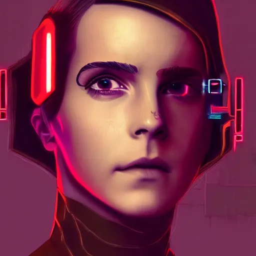 Prompt: cyberpunk emma watson as the leader of a futuristic communist nation, cybernetics, sharp lines, digital, artstation, colored in